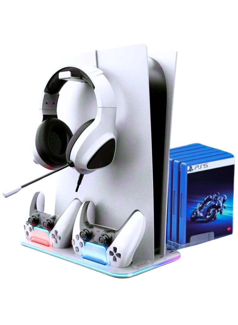XiuWoo PS5 Stand and Cooling Station with Dual Controller Charger, Headset Holder & Cooling Fan, Multifunctional Vertical Stand for PlayStation 5 Console, Compatible with PS5 Slim, Pro, and Standard - Image 1