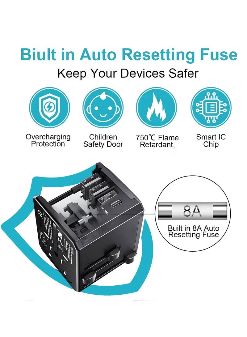 Yesido Universal Travel Adapter with Type-C Data Cable, Power Adapter with 3 USB A and 1 USB C Port, International Adapter For Travel Essentials, 1500W High Power Station, Smart Plug for 150+Countries  - Image 2