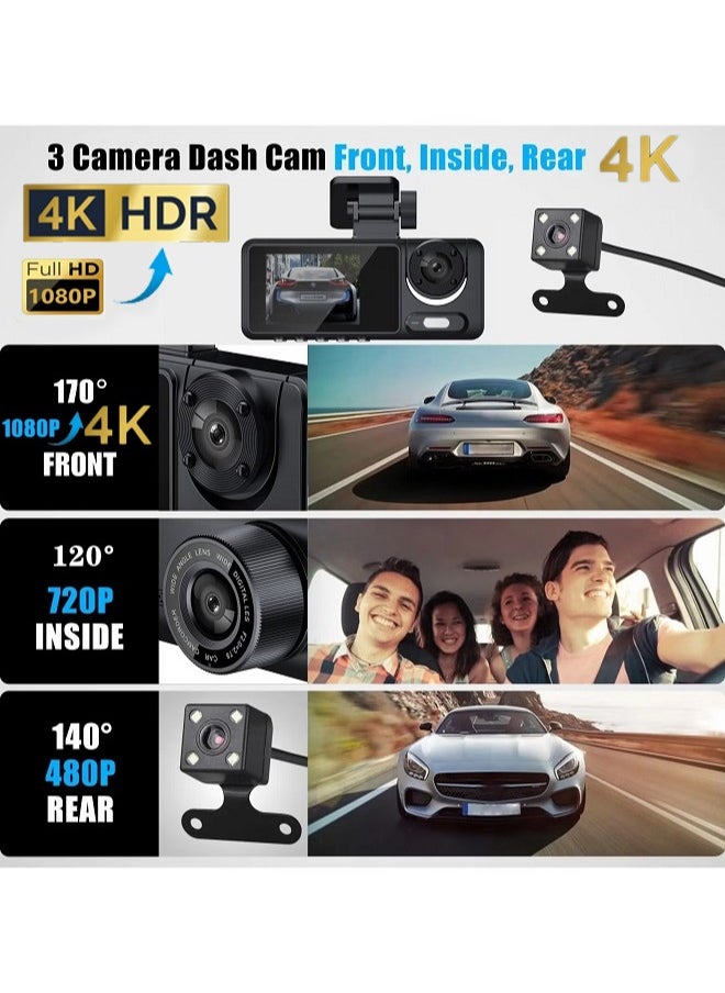 Generic 3 Channel Car DVR HD 4K and 1080P 3-Lens Inside Vehicle Dash Camera Three Way Camera DVRs Recorder Video Registrator Dashcam Camcorder，with 64GB SD card, Loop Recording，G-Sensor and 24H Parking Surveillance  - Image 2