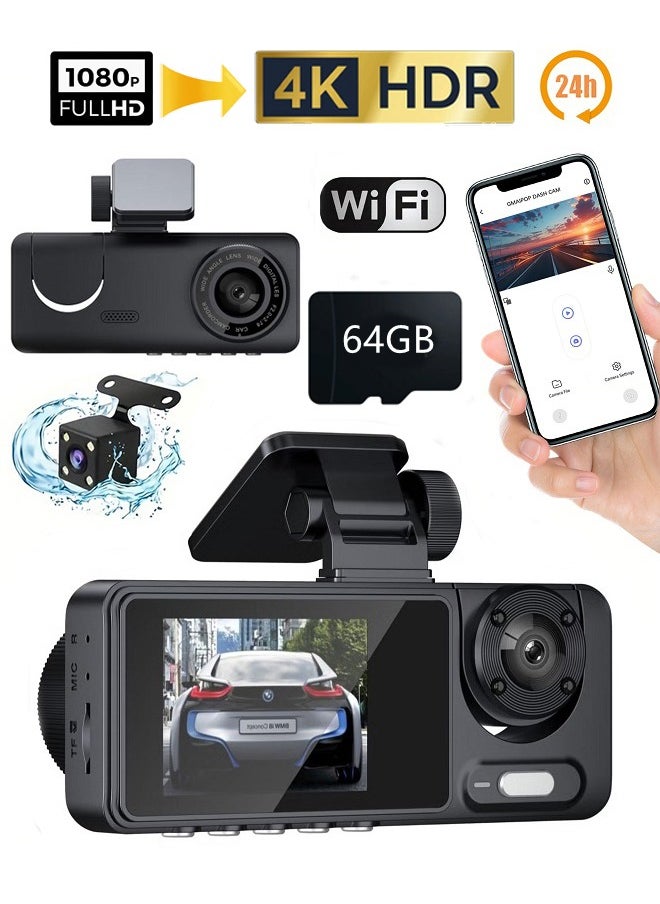 Generic 3 Channel Car DVR HD 4K and 1080P 3-Lens Inside Vehicle Dash Camera Three Way Camera DVRs Recorder Video Registrator Dashcam Camcorder，with 64GB SD card, Loop Recording，G-Sensor and 24H Parking Surveillance  - Image 1