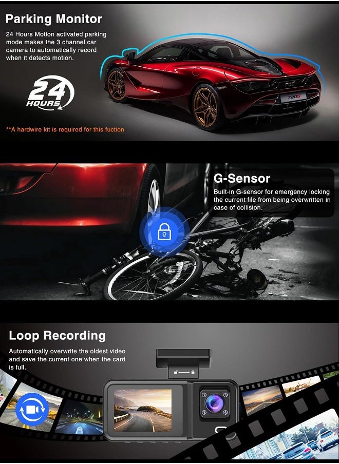 Generic 3 Channel Car DVR HD 4K and 1080P 3-Lens Inside Vehicle Dash Camera Three Way Camera DVRs Recorder Video Registrator Dashcam Camcorder，with 64GB SD card, Loop Recording，G-Sensor and 24H Parking Surveillance  - Image 3