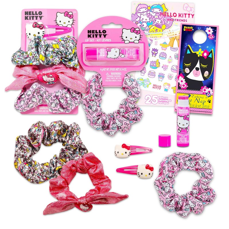 Hello Kitty Scrunchie Set  Bundle with 3 Scrunchies Hello Kitty Hair Clips Lip Balm Tattoos More  Hello Kitty Hair Ties Set