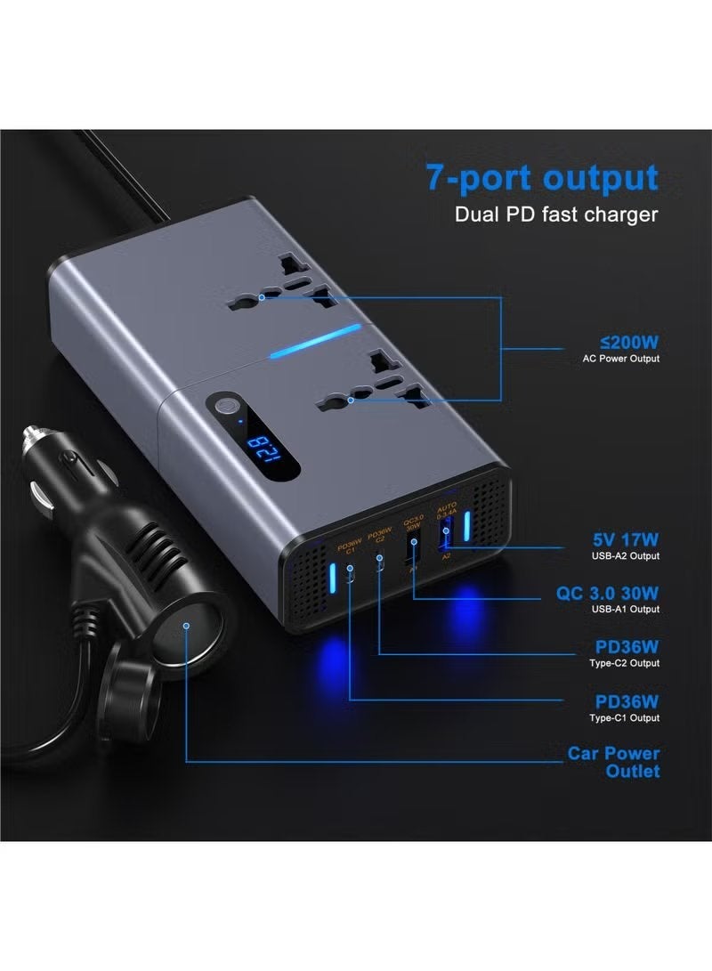 ELTRAZONE 200W Car Power Inverter DC 12V to 220V | Dual AC Outlet + 2 USB + 2 Type-C Fast Charging Ports | Smart LED Display Voltage Monitor | Portable Multi-Device Car Charger for Travel & SUVs (Silver Grey) - Image 3