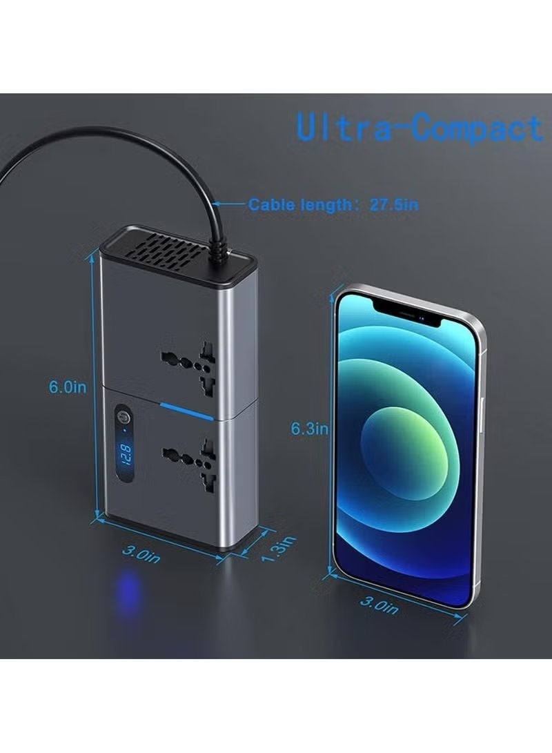 ELTRAZONE 200W Car Power Inverter DC 12V to 220V | Dual AC Outlet + 2 USB + 2 Type-C Fast Charging Ports | Smart LED Display Voltage Monitor | Portable Multi-Device Car Charger for Travel & SUVs (Silver Grey) - Image 2
