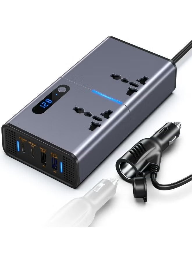 ELTRAZONE 200W Car Power Inverter DC 12V to 220V | Dual AC Outlet + 2 USB + 2 Type-C Fast Charging Ports | Smart LED Display Voltage Monitor | Portable Multi-Device Car Charger for Travel & SUVs (Silver Grey) - Image 1