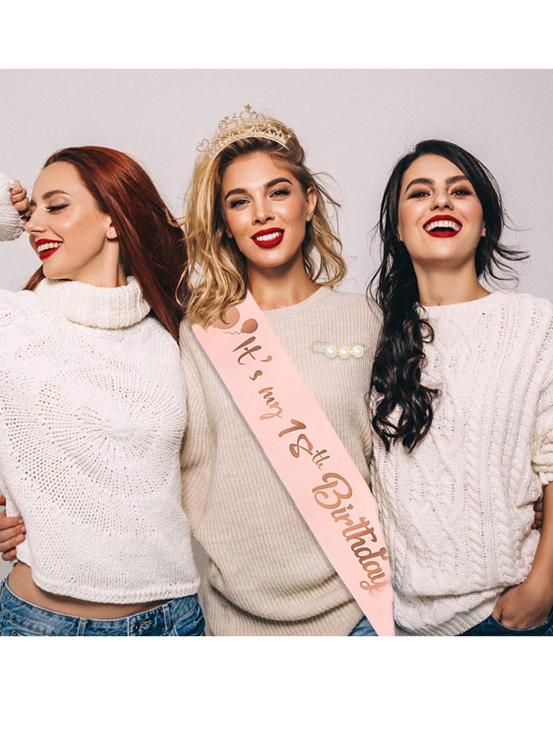 Excefore إكسي فور تاج عيد الميلاد للبنات، تاج و شريط، مجموعة تاج كريستالي باللون الوردي الذهبي، دبابيس لؤلؤ، هدايا عيد الميلاد للبنات، ملحقات عيد ميلاد سعيدة و لطيفة - Image 2