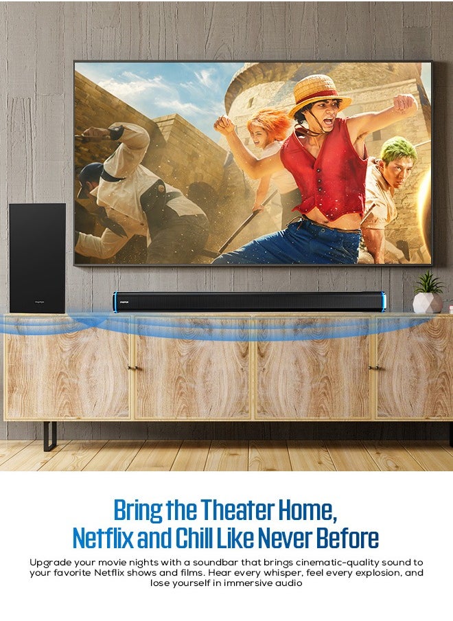 Faster - T3000 2.1 CH Home Theater Soundbar Speakers - Wired Subwoofer & Wireless Soundbar Portable Speaker with RGB - 160W Powerful Audio Output - Deep and Thrilling Bass, Digital Embedded - Supporting Bluetooth 5.0, HDMI, AUX, USB, TV ARC, PC - Image 1