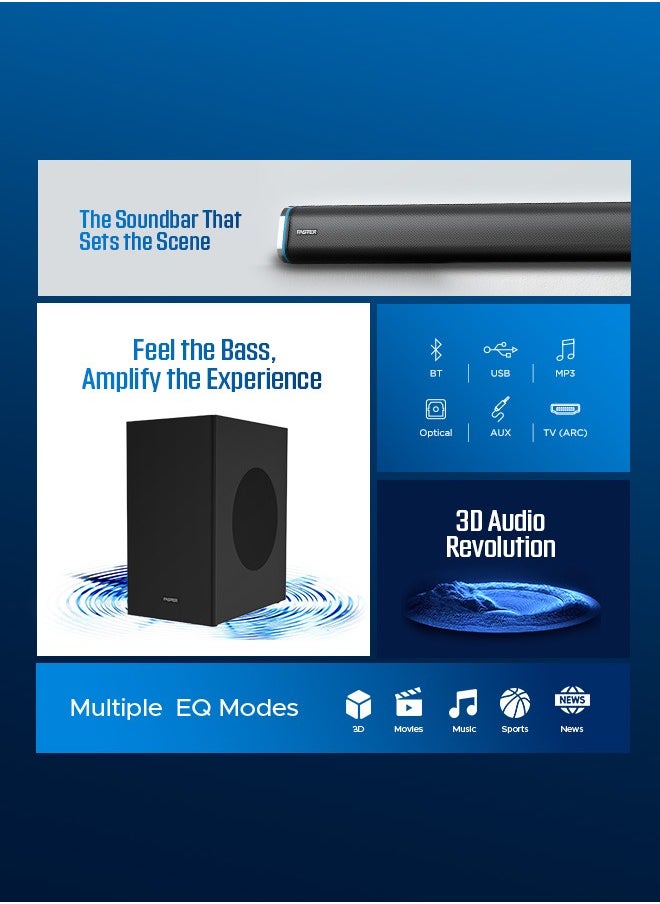 Faster - T3000 2.1 CH Home Theater Soundbar Speakers - Wired Subwoofer & Wireless Soundbar Portable Speaker with RGB - 160W Powerful Audio Output - Deep and Thrilling Bass, Digital Embedded - Supporting Bluetooth 5.0, HDMI, AUX, USB, TV ARC, PC - Image 1
