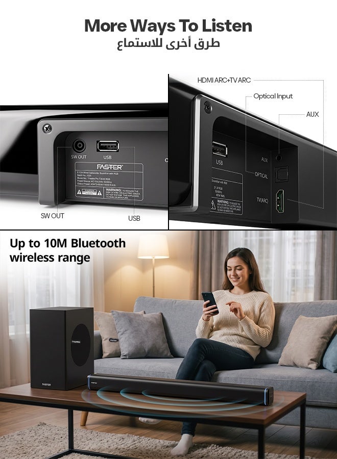 Faster T3000 2.1 CH Home Theater Soundbar Speakers - Wired Subwoofer & Wireless Soundbar Portable Speaker with RGB - 160W Powerful Audio Output - Deep and Thrilling Bass, Digital Embedded - Supporting Bluetooth 5.0, HDMI, AUX, USB, TV ARC, PC - Image 2