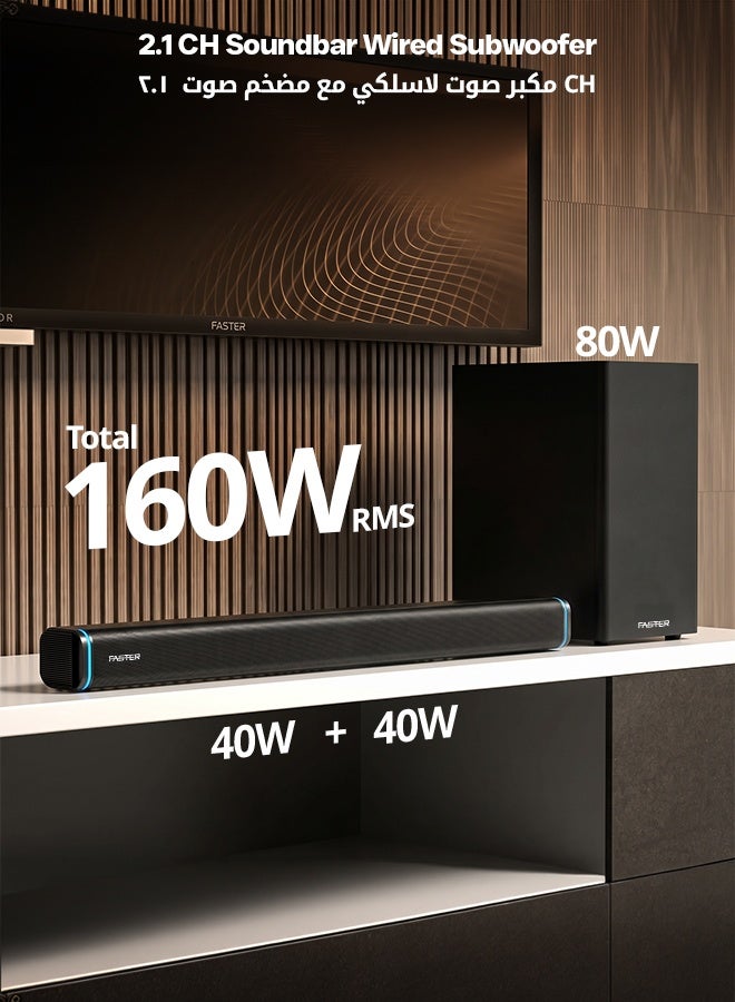 Faster T3000 2.1 CH Home Theater Soundbar Speakers - Wired Subwoofer & Wireless Soundbar Portable Speaker with RGB - 160W Powerful Audio Output - Deep and Thrilling Bass, Digital Embedded - Supporting Bluetooth 5.0, HDMI, AUX, USB, TV ARC, PC - Image 3