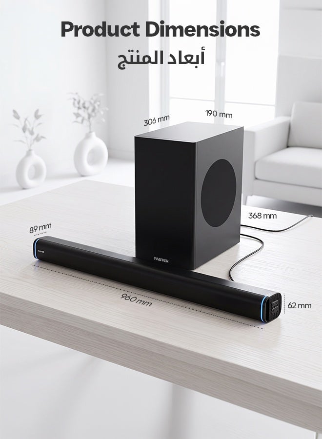 Faster T3000 2.1 CH Home Theater Soundbar Speakers - Wired Subwoofer & Wireless Soundbar Portable Speaker with RGB - 160W Powerful Audio Output - Deep and Thrilling Bass, Digital Embedded - Supporting Bluetooth 5.0, HDMI, AUX, USB, TV ARC, PC - Image 5