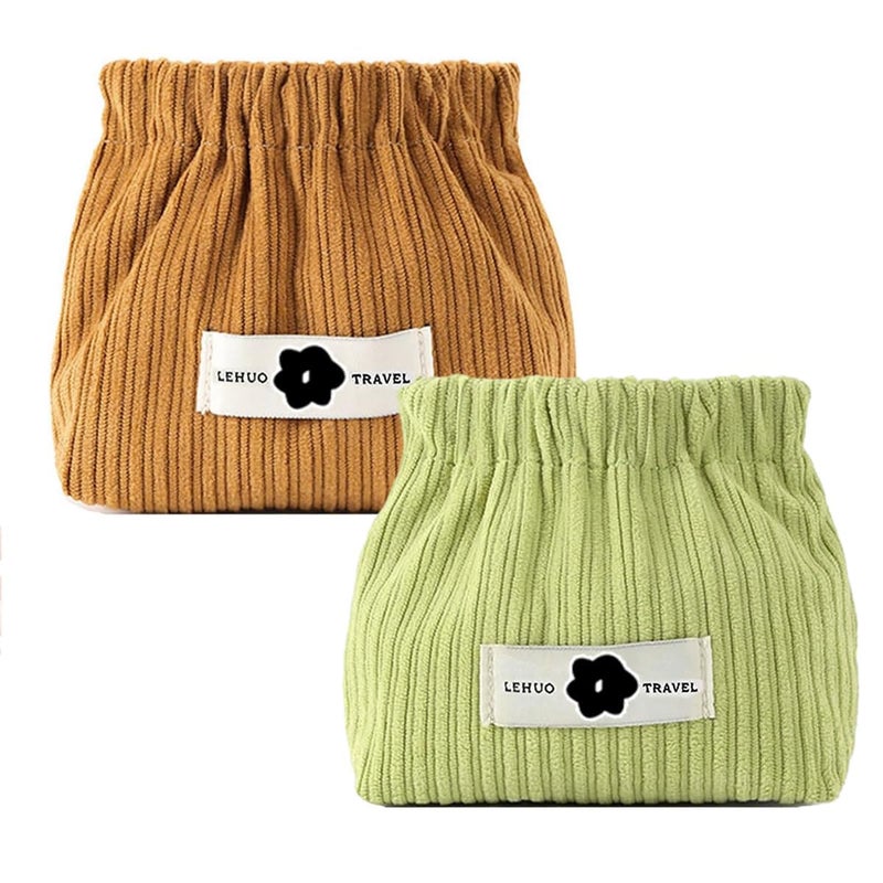 May Create MAYCREATE® 2 Pcs Small Pouches for Women Girls, Travel Mini Makeup Pouch, Corduroy Coin Pouch, Squeeze-Open Lipstick Jewelry Storage Bag Hair Accessories Organizer - Coffee & Green - Image 1