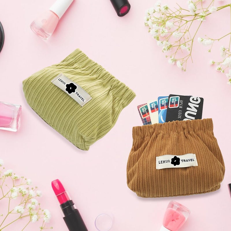 May Create MAYCREATE® 2 Pcs Small Pouches for Women Girls, Travel Mini Makeup Pouch, Corduroy Coin Pouch, Squeeze-Open Lipstick Jewelry Storage Bag Hair Accessories Organizer - Coffee & Green - Image 5