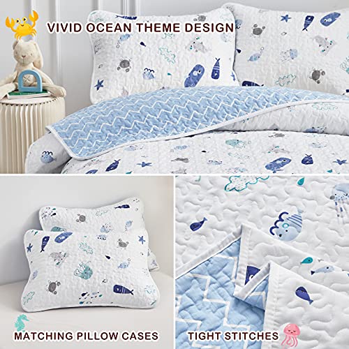 Joyreap 2-Piece Cotton Quilt Set Twin, Vibrant Ocean Theme Starfish Whale Crab Printed on White, Smooth Soft Quilt Bedspread Bed Cover for All Season, 1 Quilt and 1 Pillow Sham- 68x86 inches - Image 5