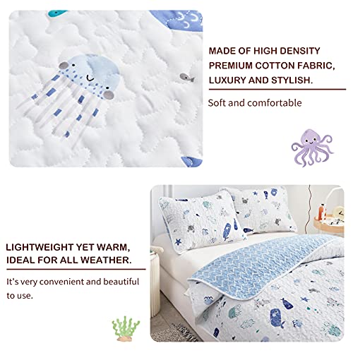 Joyreap 2-Piece Cotton Quilt Set Twin, Vibrant Ocean Theme Starfish Whale Crab Printed on White, Smooth Soft Quilt Bedspread Bed Cover for All Season, 1 Quilt and 1 Pillow Sham- 68x86 inches - Image 4