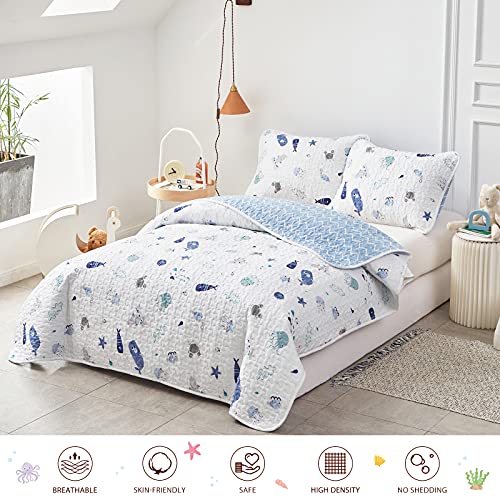 Joyreap 2-Piece Cotton Quilt Set Twin, Vibrant Ocean Theme Starfish Whale Crab Printed on White, Smooth Soft Quilt Bedspread Bed Cover for All Season, 1 Quilt and 1 Pillow Sham- 68x86 inches - Image 2