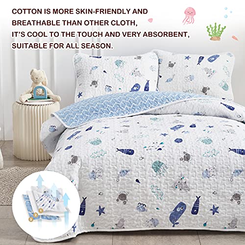 Joyreap 2-Piece Cotton Quilt Set Twin, Vibrant Ocean Theme Starfish Whale Crab Printed on White, Smooth Soft Quilt Bedspread Bed Cover for All Season, 1 Quilt and 1 Pillow Sham- 68x86 inches - Image 3