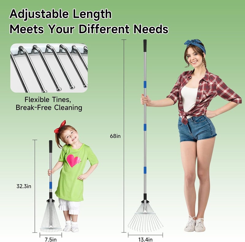 SAN LIKE Remote area delivery 68" Adjustable Metal Leaf Rake, Heavy Duty Lawn Thatch Rake | Sturdy metal rake head with extendable 68-inch adjustable handle, heavy-duty durable structure for lawn thatch & leaf cleanup Classic practical design - Image 3