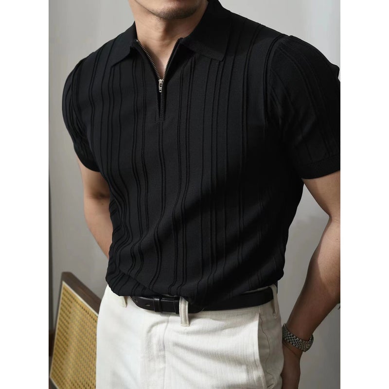 Vintage Zip Knit Polo Shirt Elegant Slim Fit Black