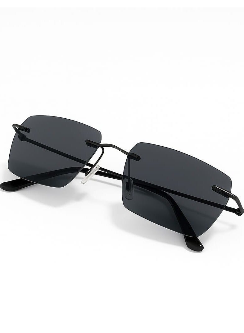 RETRO Ultra-Light Rimless Geometric Sunglasses for Women & Men | Black Tinted Lens | Metal Temple | Modern Fashion Eyewear - Image 3