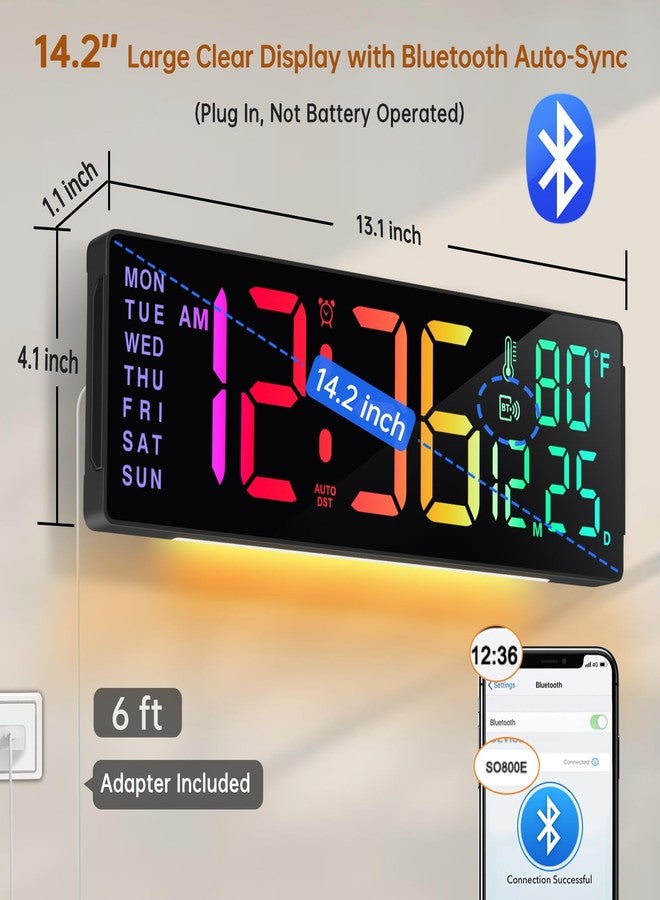 سو بيست ساعة حائط رقمية كبيرة من سوبست مقاس 14.2 بوصة مزودة بتقنية بلوتوث، ومزامنة تلقائية للوقت والتاريخ واليوم، وشاشة LED كبيرة، و12 لونًا، ومؤقت عد تنازلي، ومقياس حرارة، مناسبة للفصول الدراسية، وغرف المعيشة، والصالات الرياضية، والمنازل. - Image 2