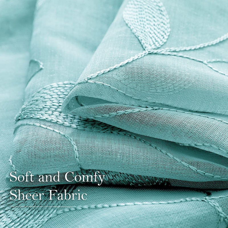 HOMEIDEAS Turquoise Aqua Sheer Curtains 52 X 84 Inches Length 2 Panels Embroidered Leaf Pattern Pocket Faux Linen Floral Teal Voile Window Drapes for Bedroom Living Room - Image 4