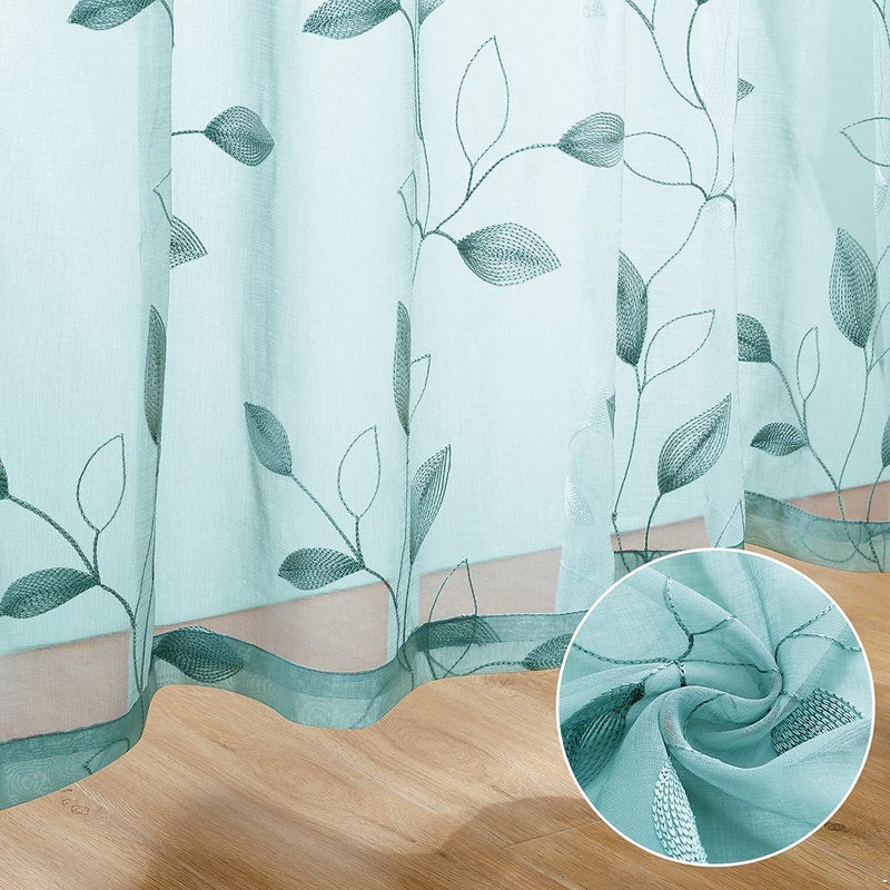 HOMEIDEAS Turquoise Aqua Sheer Curtains 52 X 84 Inches Length 2 Panels Embroidered Leaf Pattern Pocket Faux Linen Floral Teal Voile Window Drapes for Bedroom Living Room - Image 3