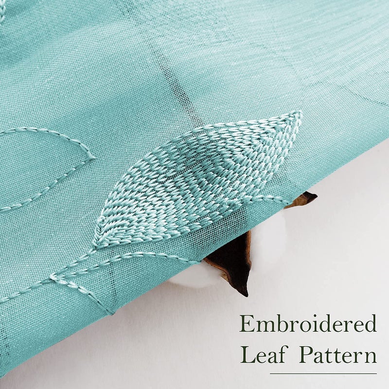 HOMEIDEAS Turquoise Aqua Sheer Curtains 52 X 84 Inches Length 2 Panels Embroidered Leaf Pattern Pocket Faux Linen Floral Teal Voile Window Drapes for Bedroom Living Room - Image 2