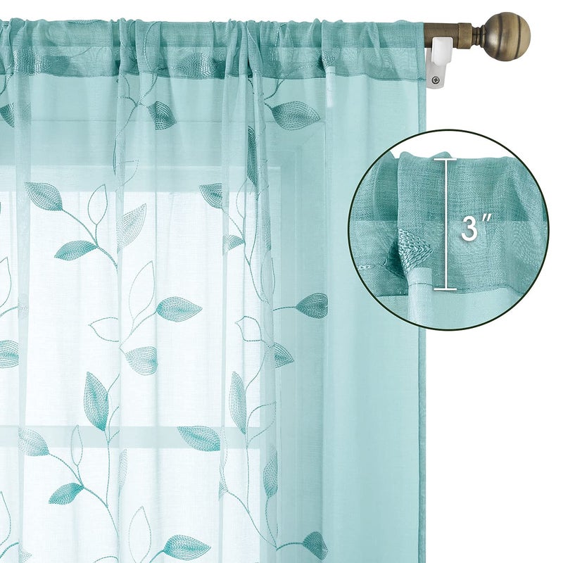 HOMEIDEAS Turquoise Aqua Sheer Curtains 52 X 84 Inches Length 2 Panels Embroidered Leaf Pattern Pocket Faux Linen Floral Teal Voile Window Drapes for Bedroom Living Room - Image 5