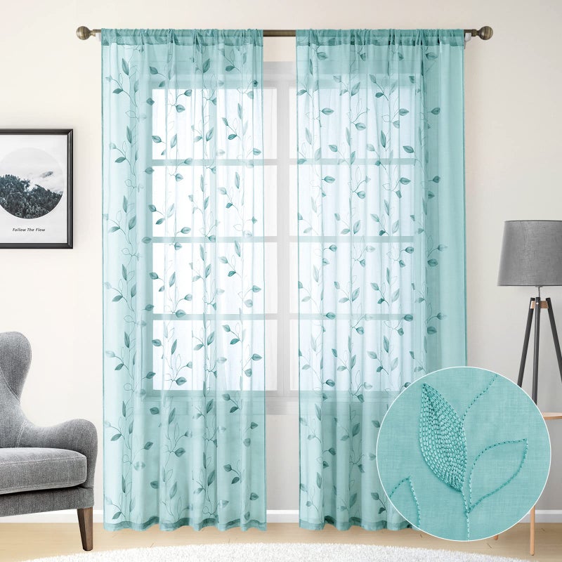 HOMEIDEAS Turquoise Aqua Sheer Curtains 52 X 84 Inches Length 2 Panels Embroidered Leaf Pattern Pocket Faux Linen Floral Teal Voile Window Drapes for Bedroom Living Room - Image 1
