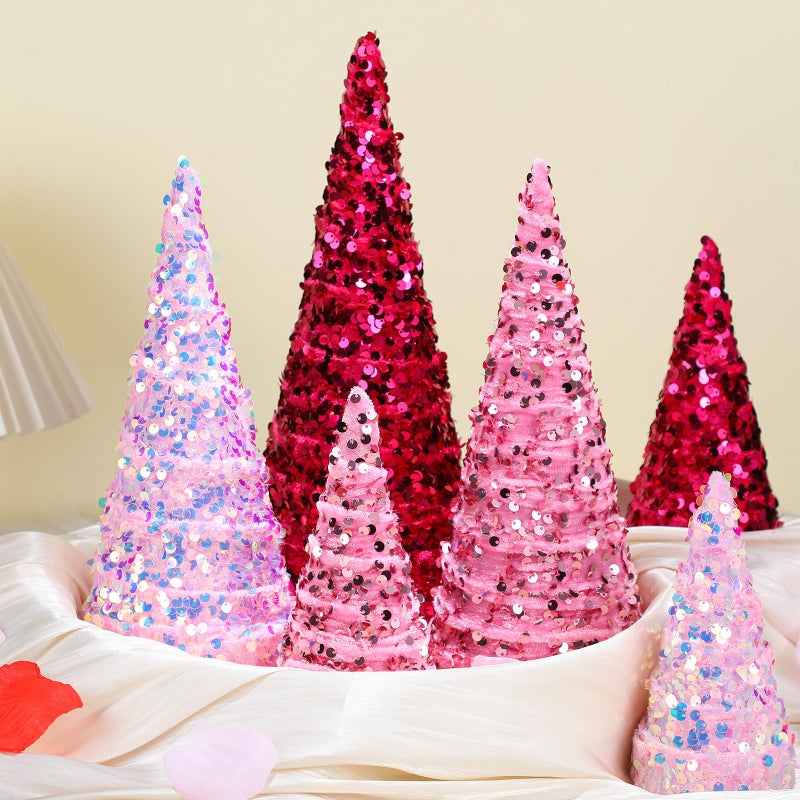 Beeveer 6 Pcs Glitter St Patricks Day Cone Tree Decorations Fake Tabletop Trees Table Centerpieces for Home Shelf Decor Mardi Gras Festival Party DecorationValentines DayRose Red Purple Pink
