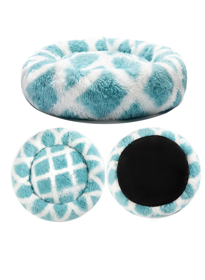 Excefore Round Calming Dog Bed for Medium Dogs Donut Cat Beds Washable Soft Fluffy Warming Pet Sleep Non Slip Bottom 24inch Blue White Grid - Image 3