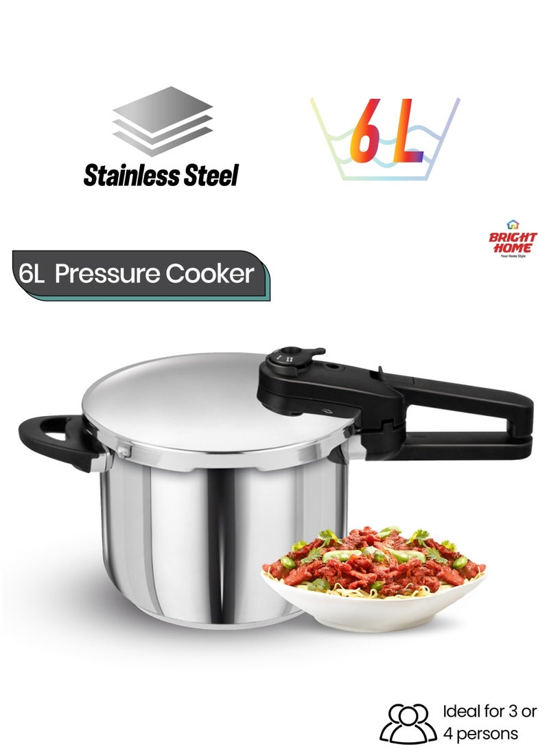 Bright Home 6cm 6 Ltr Pressure Cooker, Stainless Steel Pressure Cooker With Lid User Friendly Handles For Home Kitchen silver - Image 1