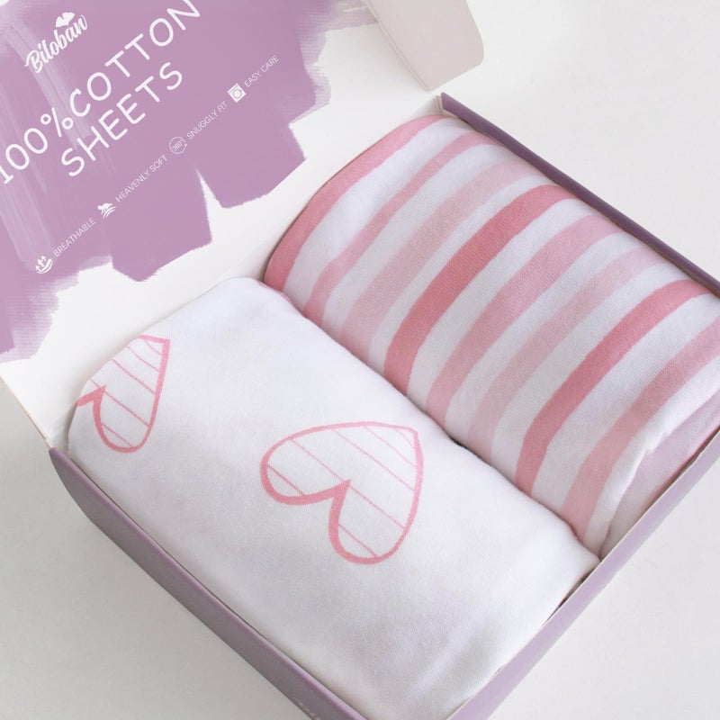 Bassinet Sheets Compatible with AirClub GoFirst and MiClassic Bassinet Bedside Sleeper 2 Pack 100 Jersey Knit Cotton Fitted Sheets Pink Stripes and Hearts Print for Baby Girls