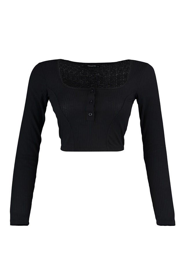 trendyol - Black Button Detailed Square Neck Fitted/Situated Ribbed Elastic Crop Knitted Blouse TWOAW23BZ00384 - Image 1