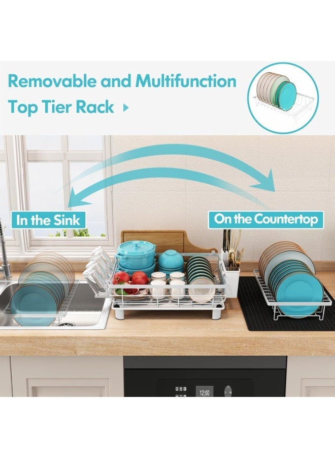 Festive Gallery Dish Drainer Rack, 2 Tier Dish Drainer with Drip Tray and Drainer Mat, Stainless Steel Dish Rack with Utensil Holder, Swivel Spout, Draining Board for Kitchen Counter, White - Image 2