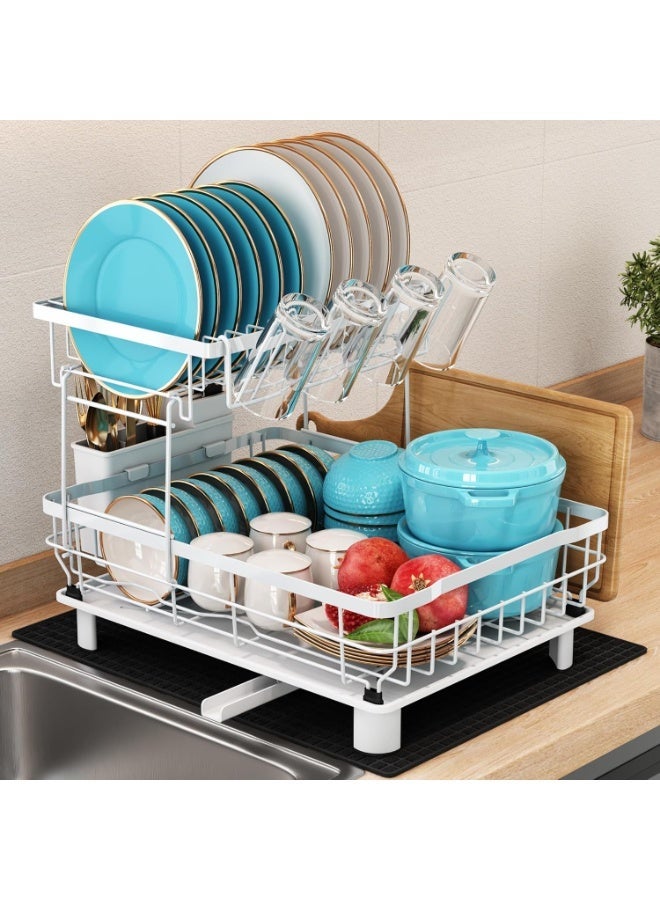 Festive Gallery Dish Drainer Rack, 2 Tier Dish Drainer with Drip Tray and Drainer Mat, Stainless Steel Dish Rack with Utensil Holder, Swivel Spout, Draining Board for Kitchen Counter, White - Image 1