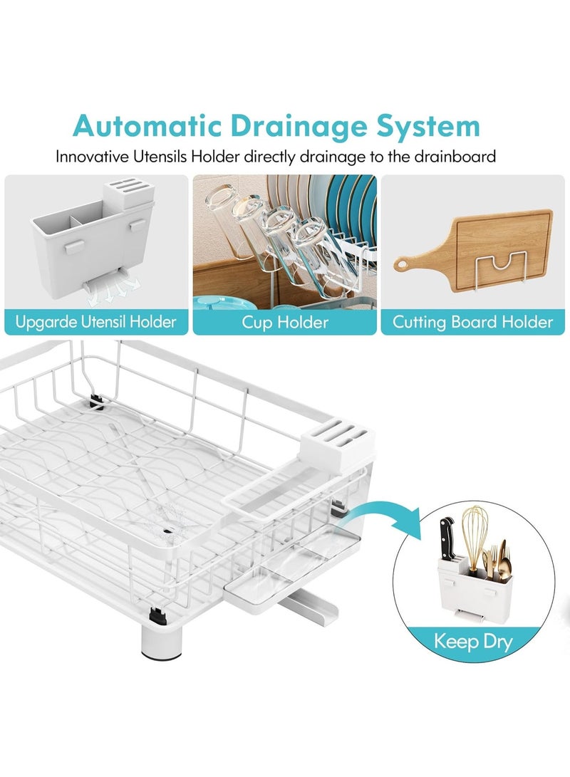 Festive Gallery Dish Drainer Rack, 2 Tier Dish Drainer with Drip Tray and Drainer Mat, Stainless Steel Dish Rack with Utensil Holder, Swivel Spout, Draining Board for Kitchen Counter, White - Image 4