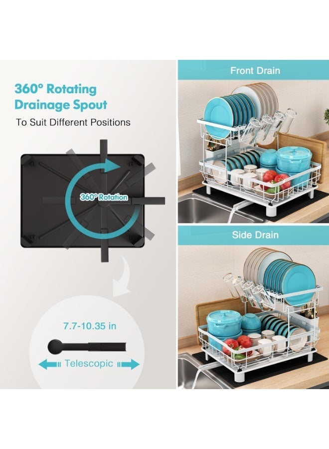 Festive Gallery Dish Drainer Rack, 2 Tier Dish Drainer with Drip Tray and Drainer Mat, Stainless Steel Dish Rack with Utensil Holder, Swivel Spout, Draining Board for Kitchen Counter, White - Image 5