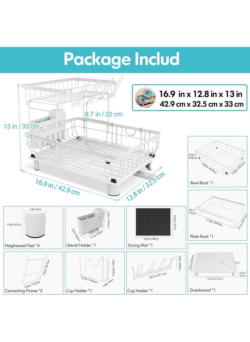 Festive Gallery Dish Drainer Rack, 2 Tier Dish Drainer with Drip Tray and Drainer Mat, Stainless Steel Dish Rack with Utensil Holder, Swivel Spout, Draining Board for Kitchen Counter, White - Image 3