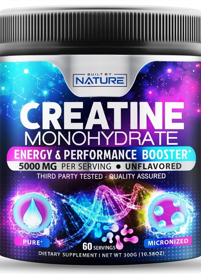 Built By Nature Creatine Monohydrate Powder - 5000mg Per Serving (5g) - Pure Micronized Creatine Monohydrate - Unflavored Pre Workout Creatine - Keto Friendly, Vegan - Muscle Building Supplement - 300G, 60 Servings - Image 1