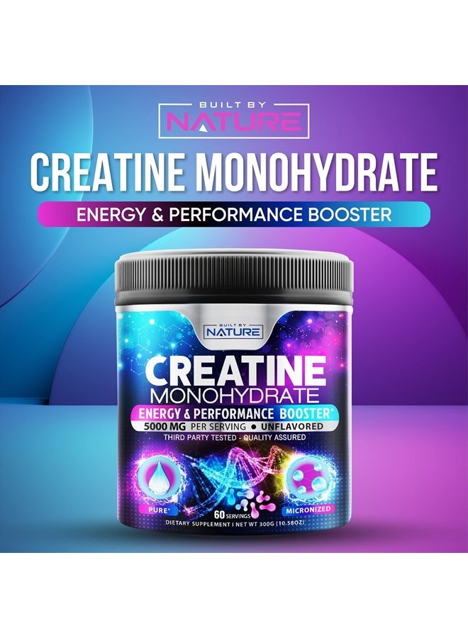 Built By Nature Creatine Monohydrate Powder - 5000mg Per Serving (5g) - Pure Micronized Creatine Monohydrate - Unflavored Pre Workout Creatine - Keto Friendly, Vegan - Muscle Building Supplement - 300G, 60 Servings - Image 2