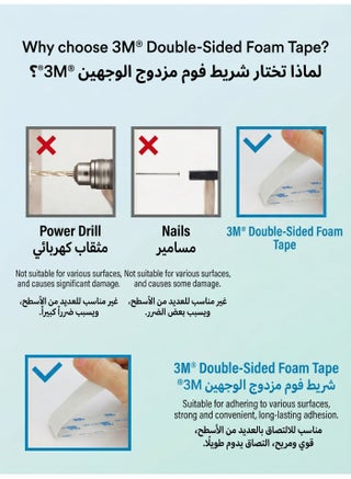 شريط لاصق مزدوج الجوانب 1 سم 2.5 سم 4 سم × 3 متر شريط تثبيت قوي من رغوة PE مقاوم للماء للتعليق على الجدران والصور والبوسترات - view 2