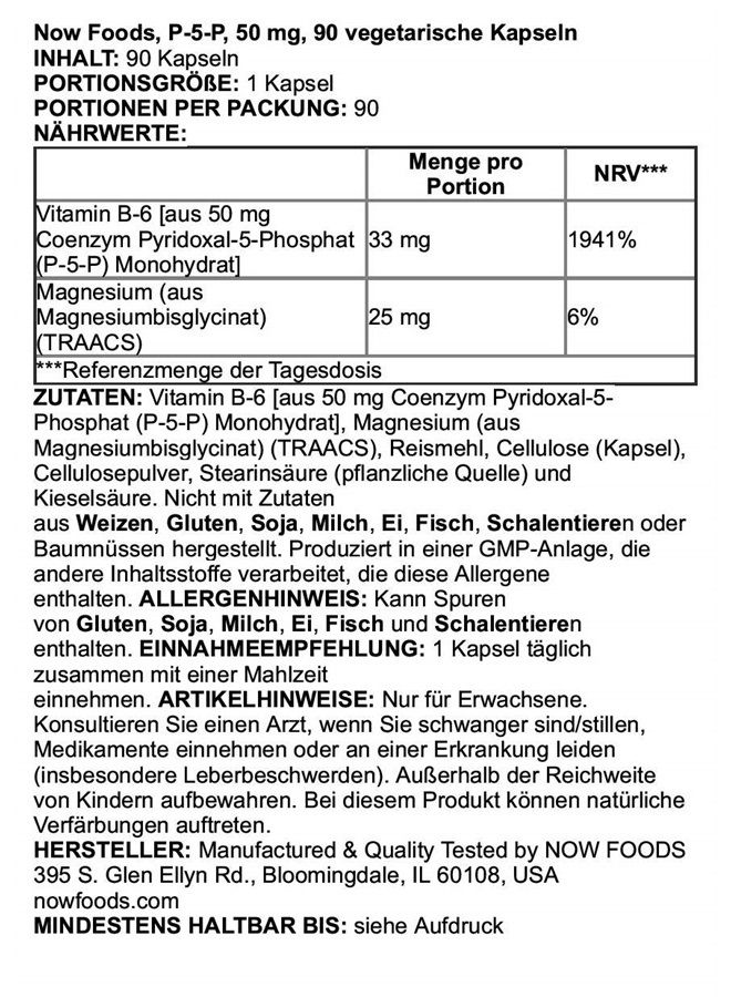 now Supplements, P-5-P 50 mg with Coenzyme B-6 + Mg Bisglycinate, 90 Veg Capsules - Image 4