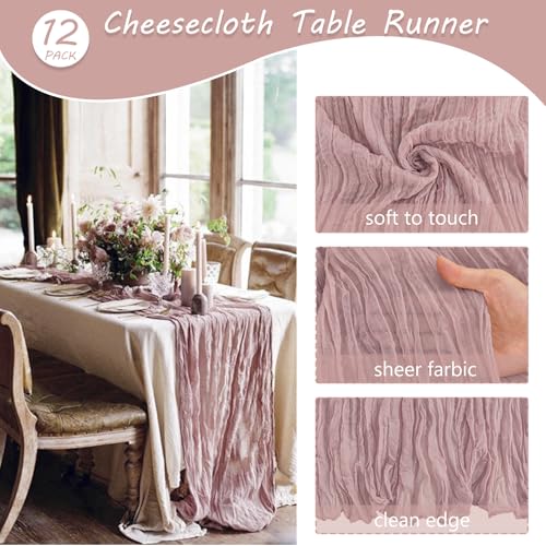 Fivenl 12 Pack 10Ft Cheesecloth Table Runner 35x120 Inch Boho Gauze Rustic Cheese Cloth Long Romantic Table Runner for Wedding Bridal Shower Birthday Party Table Decor (Dusty Pink) - Image 4