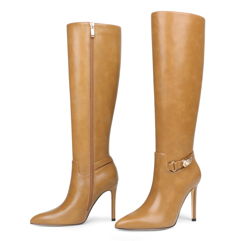 COLETER Women's Knee High Boots Pointed Toe Stiletto Buckle Dress Boots Zipper Heeled Boots Matte Tan 8.5US - Image 1