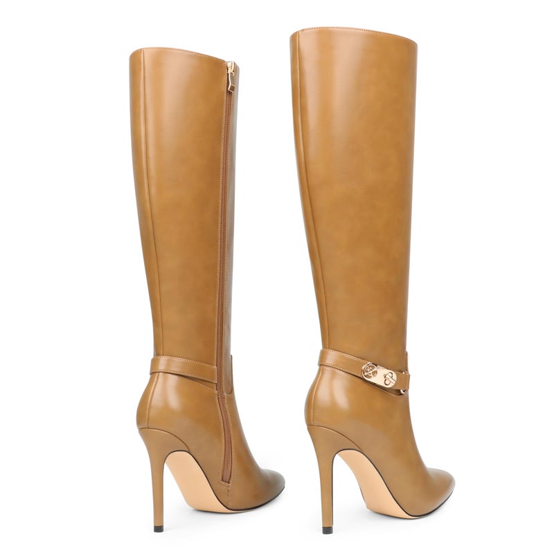 COLETER Women's Knee High Boots Pointed Toe Stiletto Buckle Dress Boots Zipper Heeled Boots Matte Tan 8.5US - Image 5