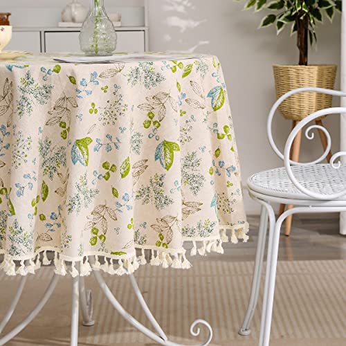 F-CHU Rough Linen Round Tablecloth 60 Inch Green Leaf Pattern Table Cloth with Tassels for Restaurant, Picnic, Indoor and Table Cover Home Decoration（Green - Image 3