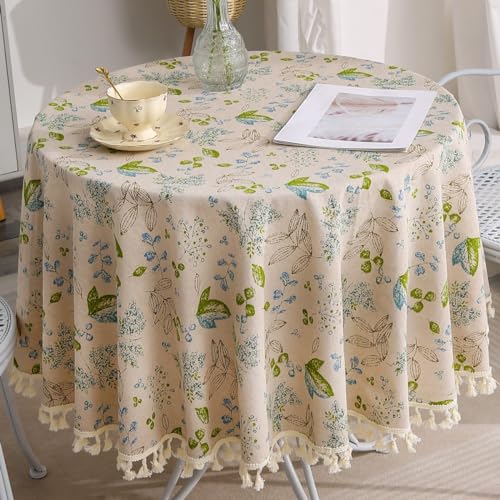 F-CHU Rough Linen Round Tablecloth 60 Inch Green Leaf Pattern Table Cloth with Tassels for Restaurant, Picnic, Indoor and Table Cover Home Decoration（Green - Image 2
