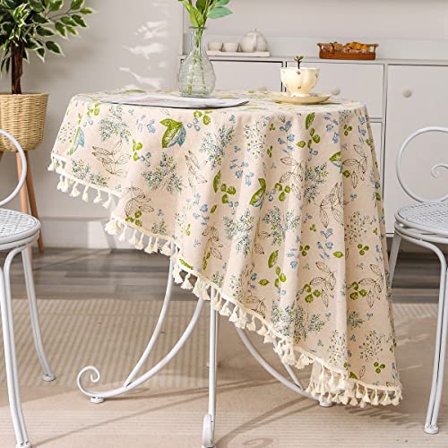 F-CHU Rough Linen Round Tablecloth 60 Inch Green Leaf Pattern Table Cloth with Tassels for Restaurant, Picnic, Indoor and Table Cover Home Decoration（Green - Image 4